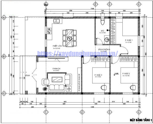 Mẫu thiết kế nhà cấp 4 mái lệch 2 phòng ngủ mặt tiền 8x12m BT106076 - Kiến  trúc Angcovat
