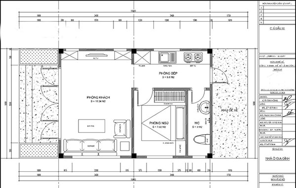 Bản vẽ mẫu nhà cấp 4 5x7m 1 phòng ngủ