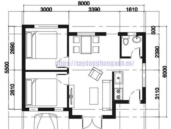 Bản vẽ thiết kế nhà cấp 4 50m2 2 phòng ngủ
