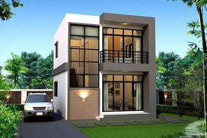Nhà vuông 2 tầng mái bằng hiện đại