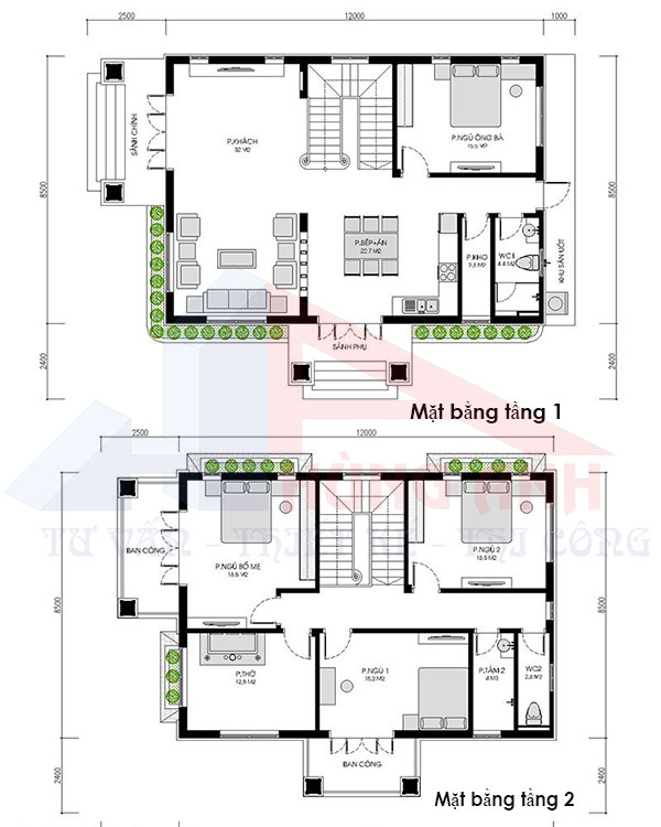 Bản vẽ CAD nhà 2 tầng 8x12 3 phòng ngủ