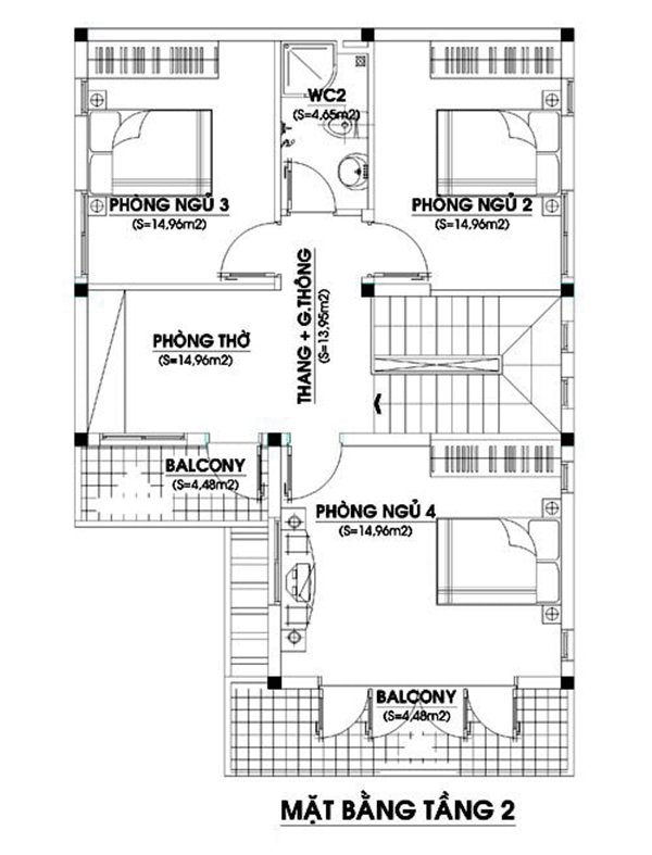 bản thiết kế nhà 2 tầng 4 phòng ngủ tầng 2
