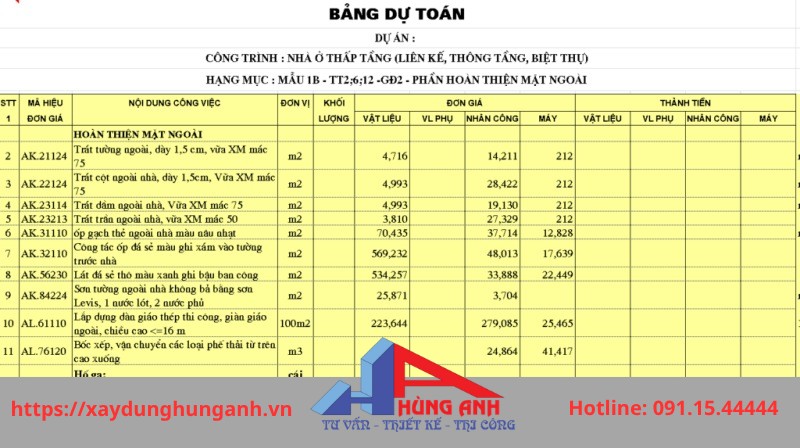 dự toán chi phí xây nhà